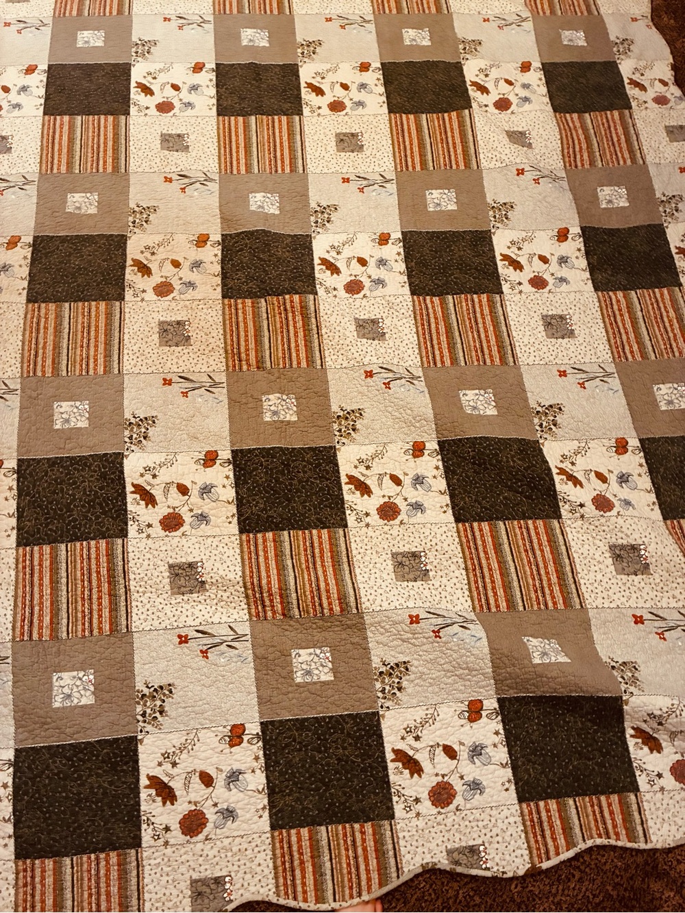 Cottagecore farm core granny core Patchwork king Quilt Brown Cream pillow shams